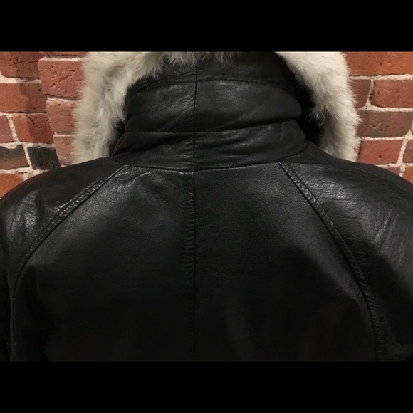 Vintage Black Leather Fur Collar Long Coat - Picture 5 of 6